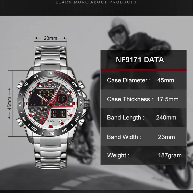 NAVIFORCE Man's Quartz Watch Dual Display Luminous Stainless Steel Strap Male Fashion Business Father's Day Wristwatch Gifts Box