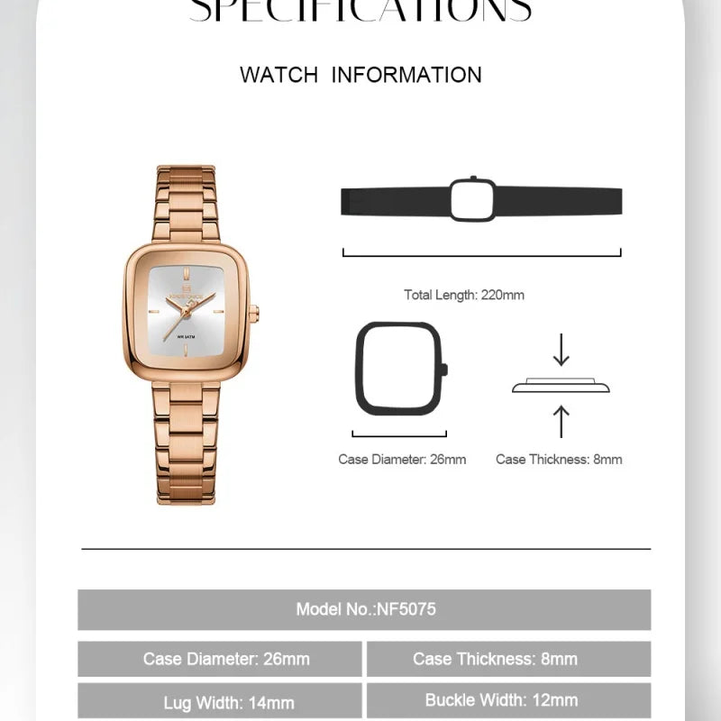 NAVIFORCE Square Watches for Women 3ATM Waterproof Stainless Steel Fashion Ultra Light Girls' Watch Wristwatch Gift Box for Lady