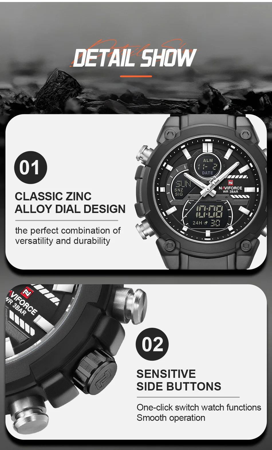 NAVIFORCE Men's Watch Luxury Quartz LCD Digital Sports Military Style Dual Display Chronograph Alarm Clock Wristwatch Gifts Box