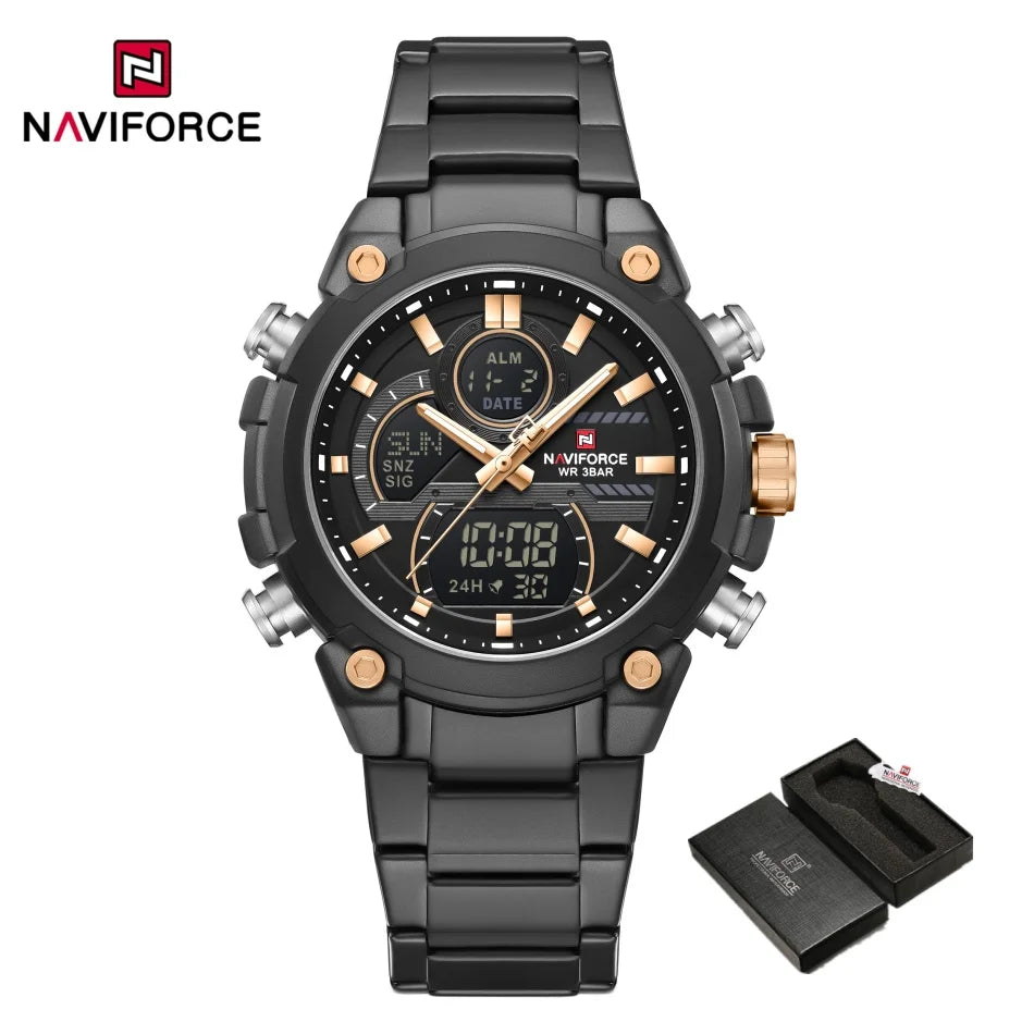 NAVIFORCE Watch For Men Stainless Steel Sport Casual Fashion Dual Display Sport Multifunction Chronograph men Waterproof Watch