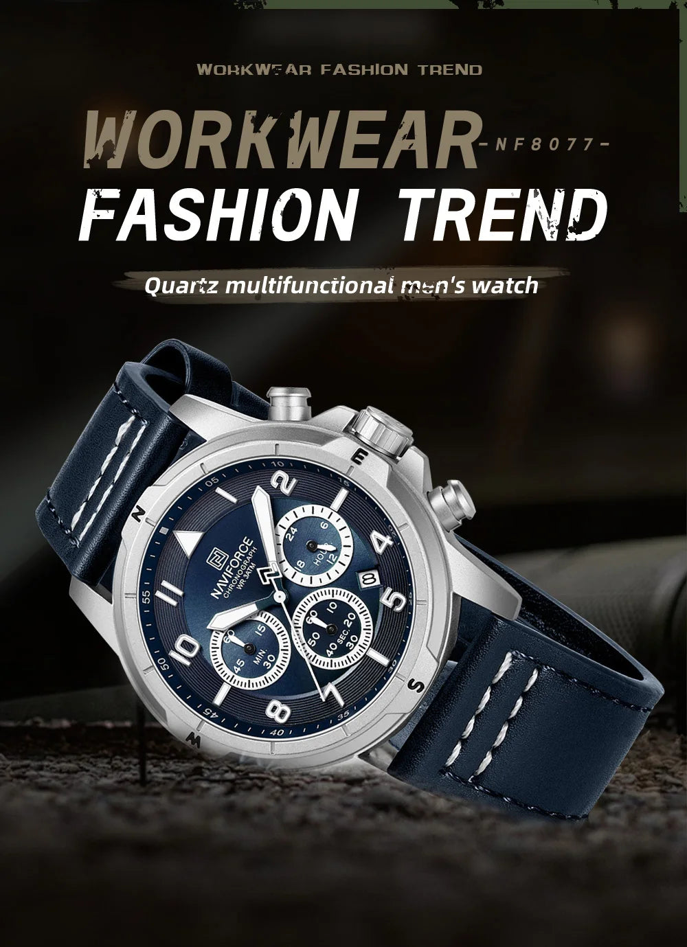 NAVIFORCE Men's Quartz Chronograph Wristwatch Multi Dial 24 Hour Clock Leather Band Modern Business Luxury Design Men Gift Watch