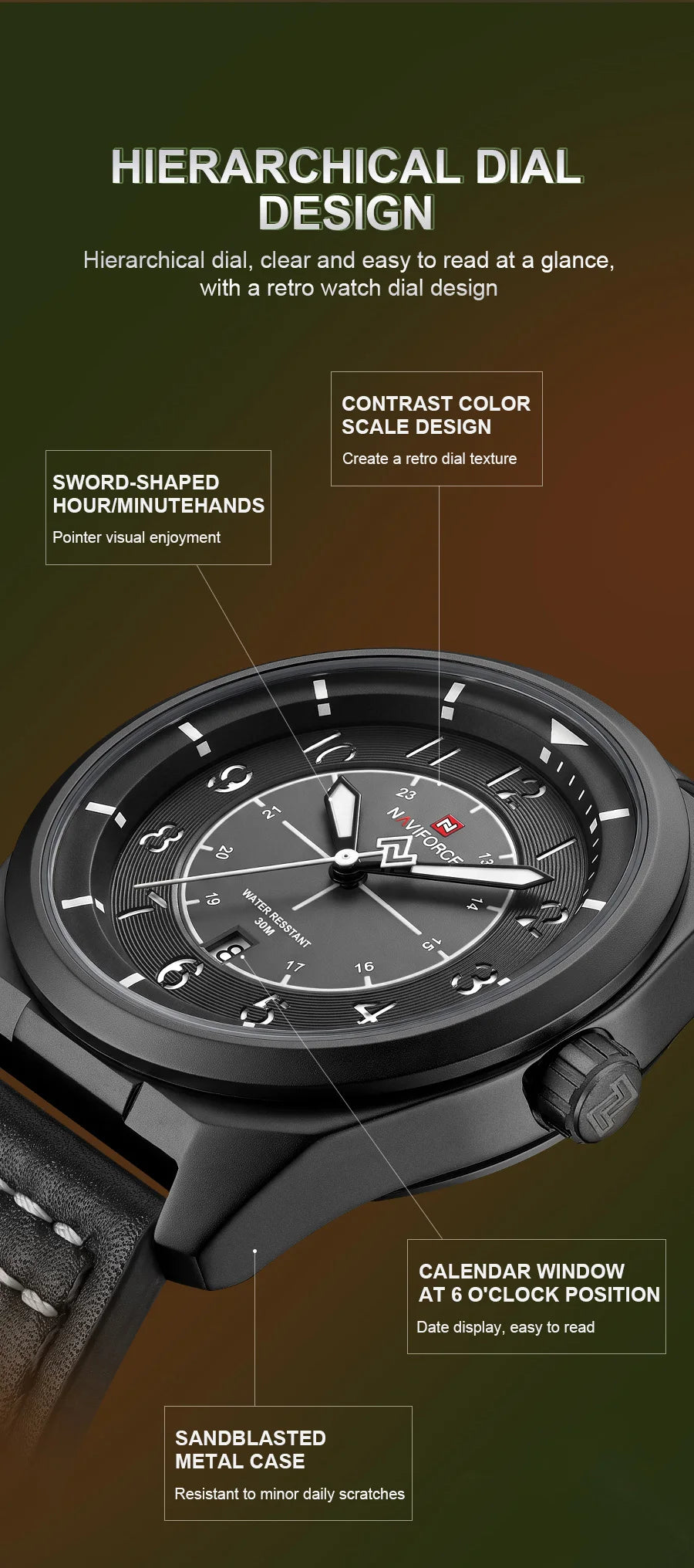 NAVIFORCE Simple Men Quartz Calendar Watch 3ATM Waterproof Genuine Leather Strap Business Casual Fashion Mature Style Wristwatch