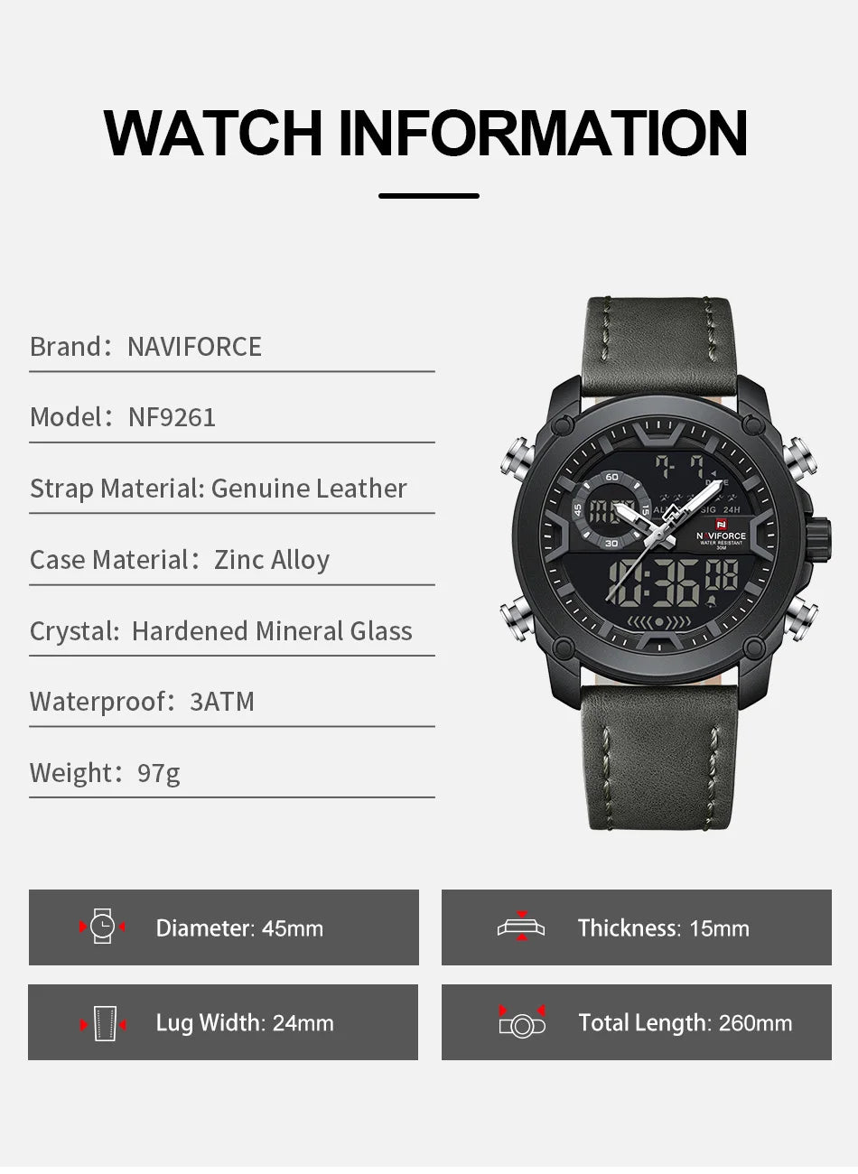 NAVIFORCE Men Watch Business Casual Fashion Dual Display Sport Genuine Strap Alarm Mode Quartz Wristwatch Man Waterproof Watch