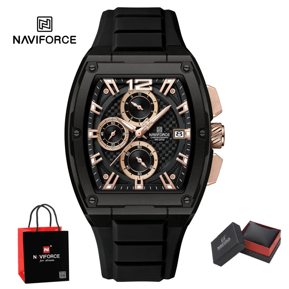 NAVIFORCE Men's Waterproof Luxury Sport Watch Casual Multifunction Chronograph Business Wristwatch with Silicone Band Gift Set