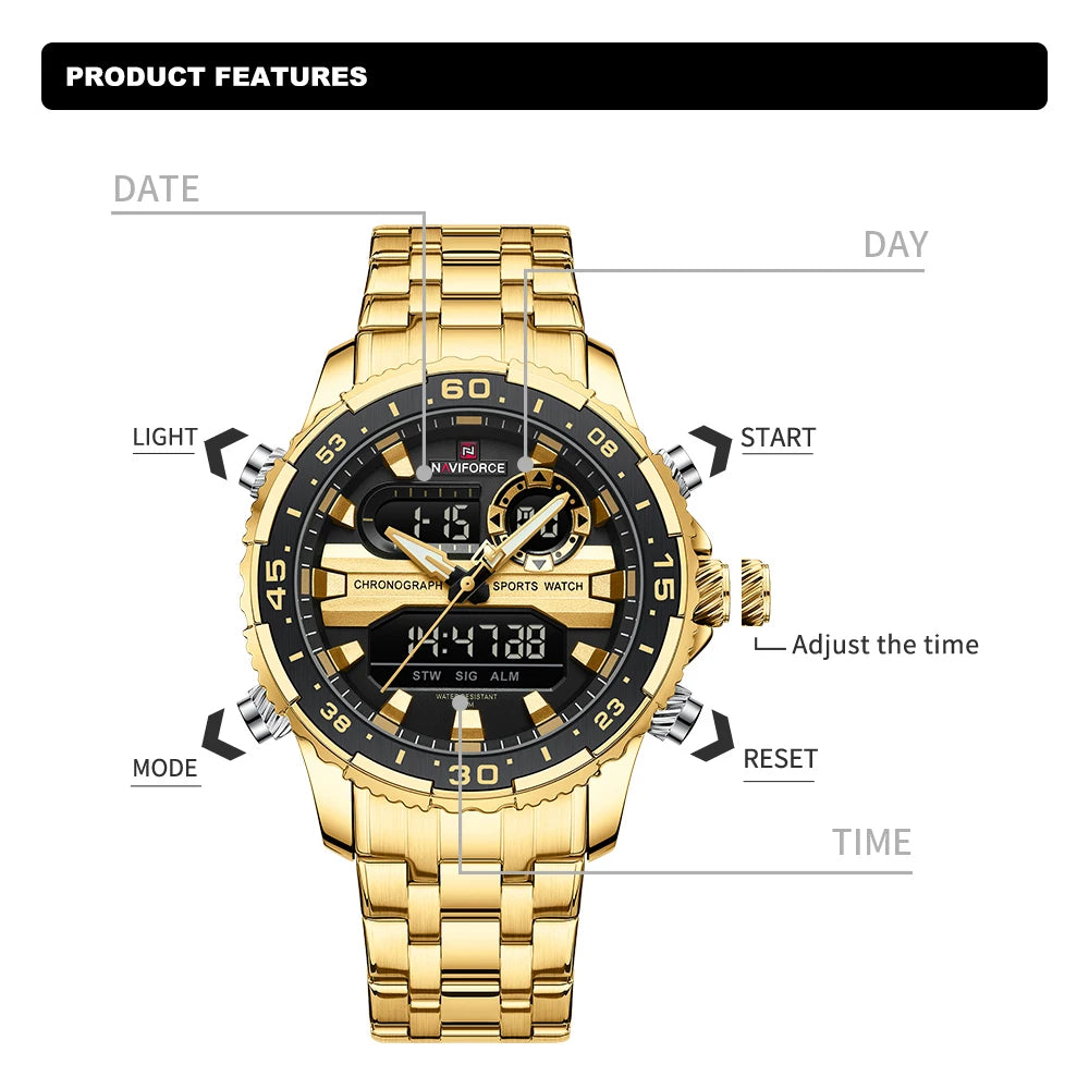 NAVIFORCE Men's Sports Alarm Watch Waterproof Chronograph Quartz Movement Steel Band Digital Date Week Display Wristwatches Gift