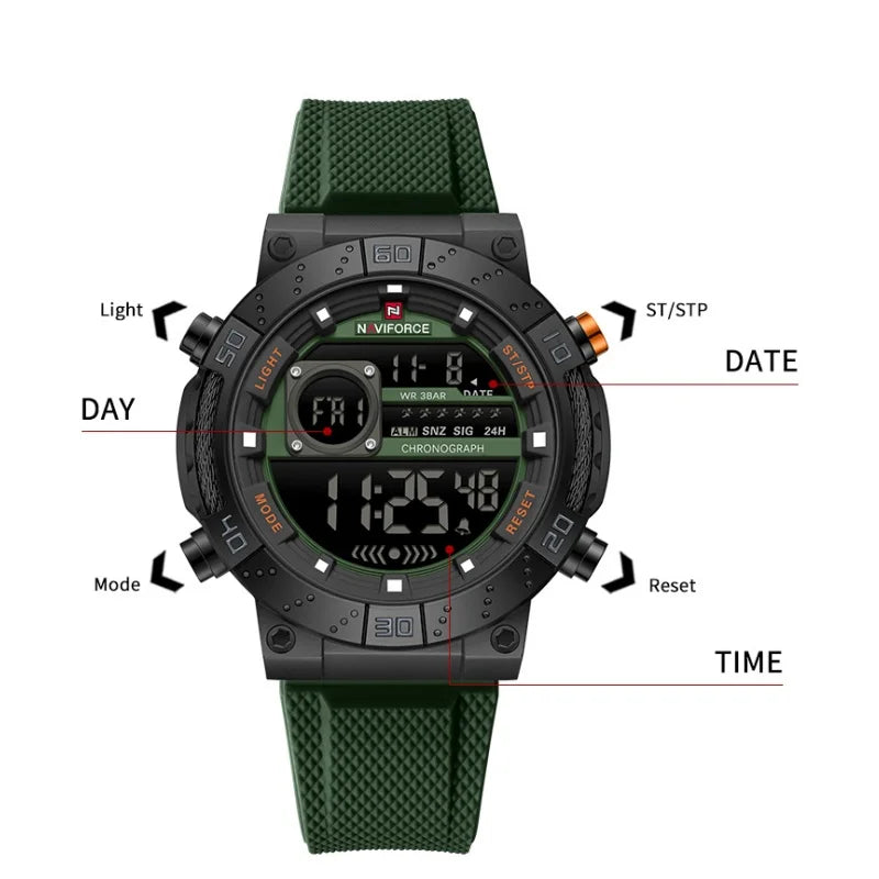 NAVIFORCE Watches for Men LCD Digital Auto Date Week Display Luminous Soft Silicone Strap  Fashion Wristwatch Relogio Masculino