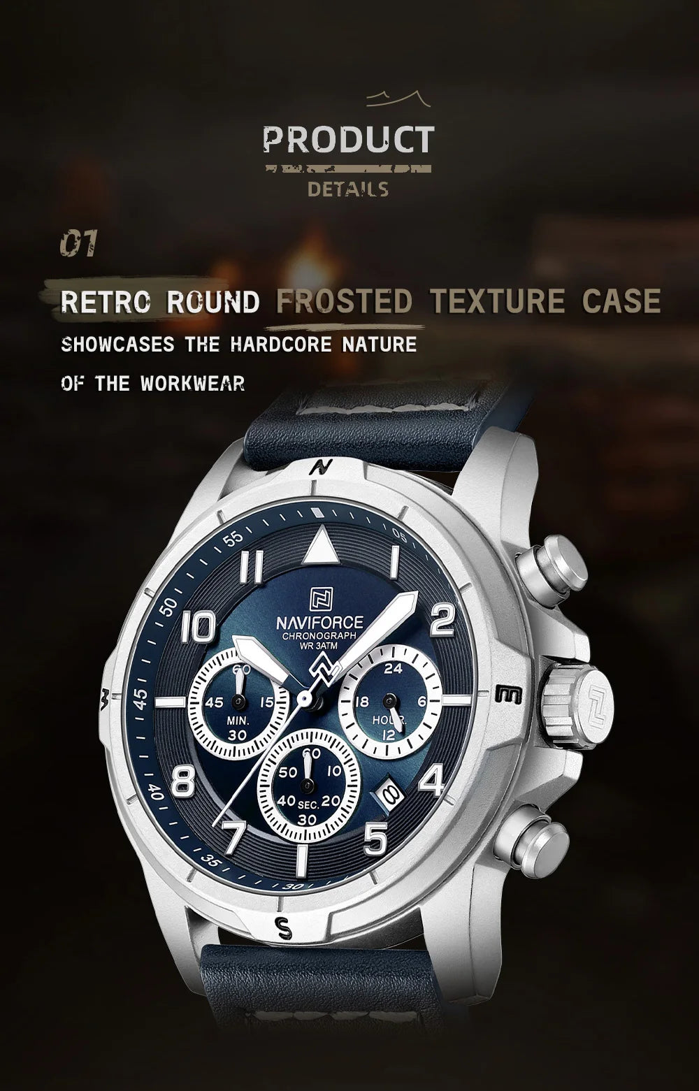 NAVIFORCE Men's Quartz Chronograph Wristwatch Multi Dial 24 Hour Clock Leather Band Modern Business Luxury Design Men Gift Watch