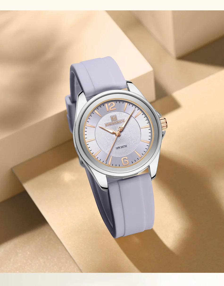 NAVIFORCE Top Brand Women's Quartz Watch Silicone Strap Fashionable Wristwatch Comfortable Girls Simple Gift Clock Box NF5068