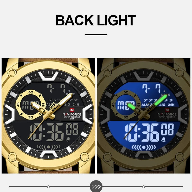 NAVIFORCE Mens Watch Original Simple Brand Quartz Watch Japan Movement Genuine Band Luminous Dual Display Watches For Men Gifts