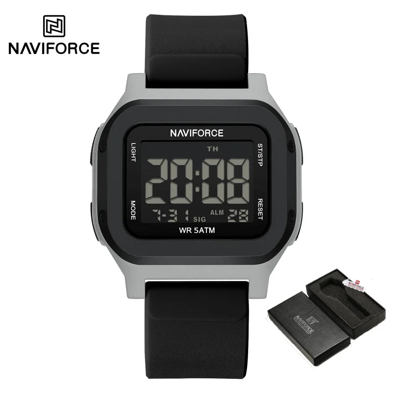 High Quality NAVIFORCE Men's Sport Wristwatch LCD Display 50m Waterproof Alarm Stopwatch BackLight Unique Square Case Gift Clock