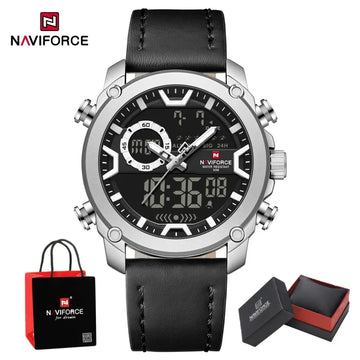 NAVIFORCE Man's Watch Quartz Dual Display Waterproof Leather Strap Alarm Male Simple Fashion Business Casual Wristwatch Gift Box
