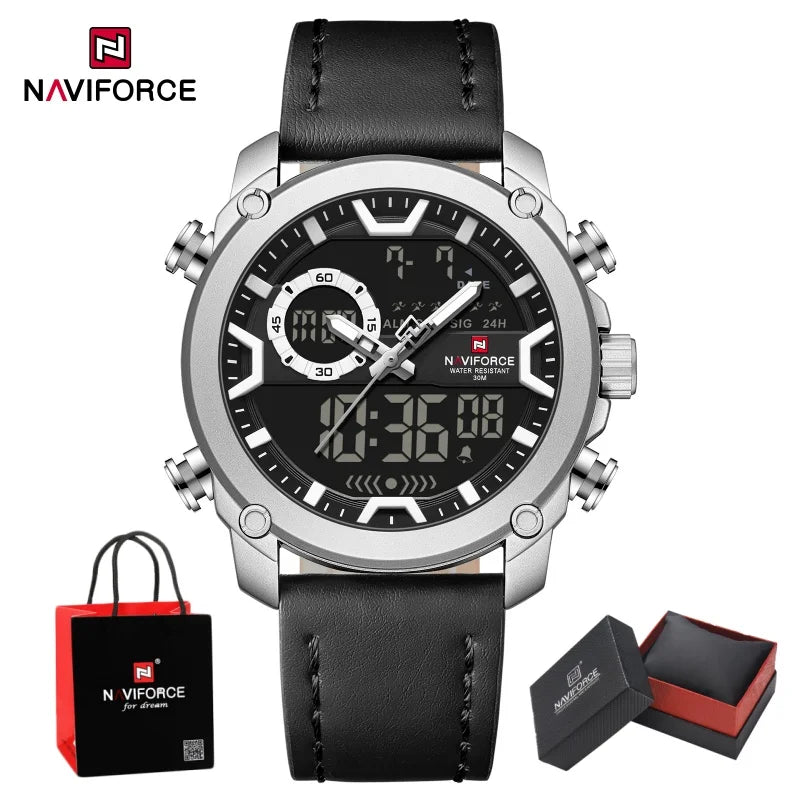 NAVIFORCE Man's Watch Quartz Dual Display Waterproof Leather Strap Alarm Male Simple Fashion Business Casual Wristwatch Gift Box