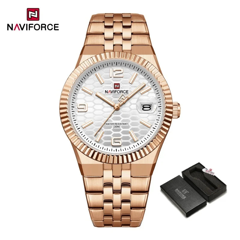 NAVIFORCE New Lover Watches 3ATM Waterproof Quartz Calendar Stainless Steel Fashionable Elegant Daily Wear Wristwatch for Couple