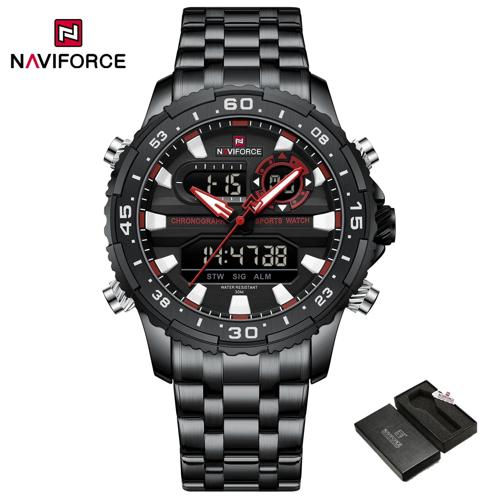 2024 Top Brand NAVIFORCE Men's Watch Quartz Analog LCD Digital Wristwatch Male Stainless Steel Strap Water Resistant Date Clock