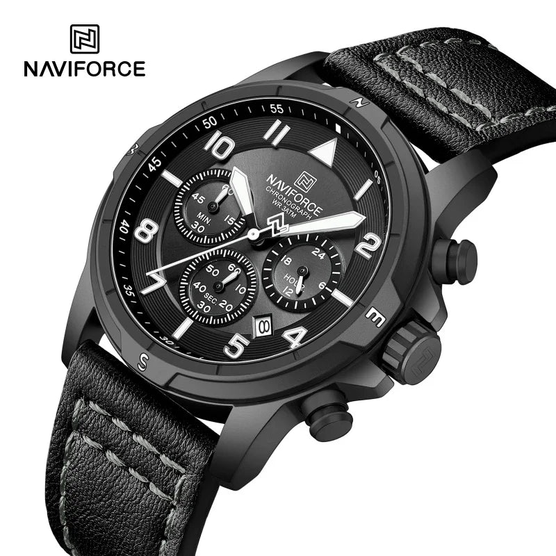 NAVIFORCE New Male Wristwatch Multi Dial Chronograph 24 Hour Clock Leather Band Men Modern Business Luxury Man's Watch NF8077