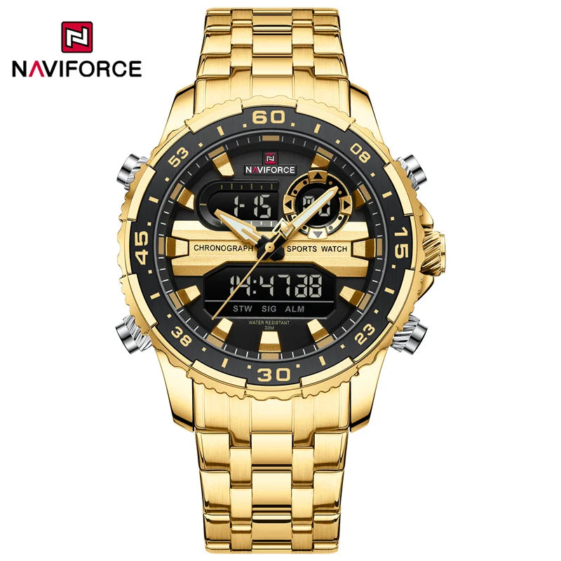 NAVIFORCE Men's Sports Alarm Watch Waterproof Chronograph Quartz Movement Steel Band Digital Date Week Display Wristwatches Gift