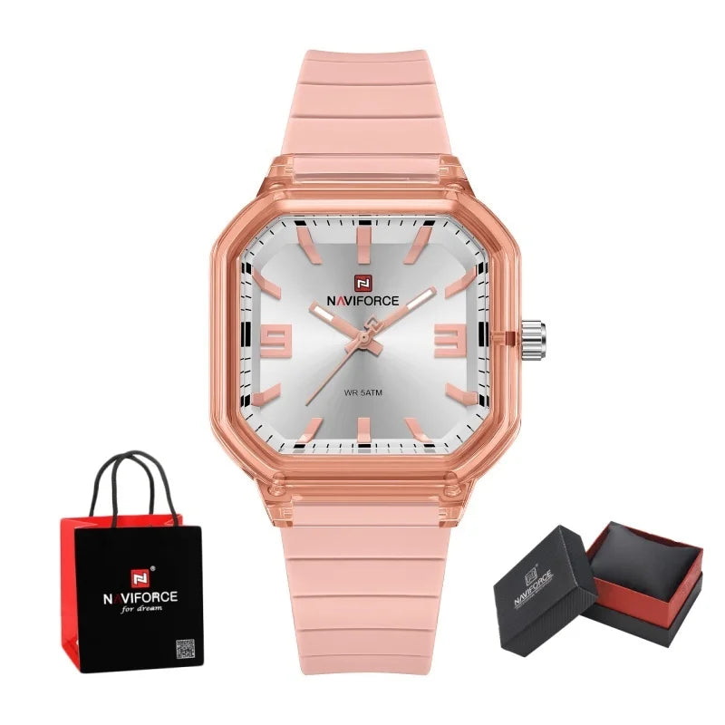 NAVIFORCE Women Polygon Watch Display Silicone Strap 50M Waterproof Luminous Fashionable Elegant Ladis Girls Wristwatch Gift Box