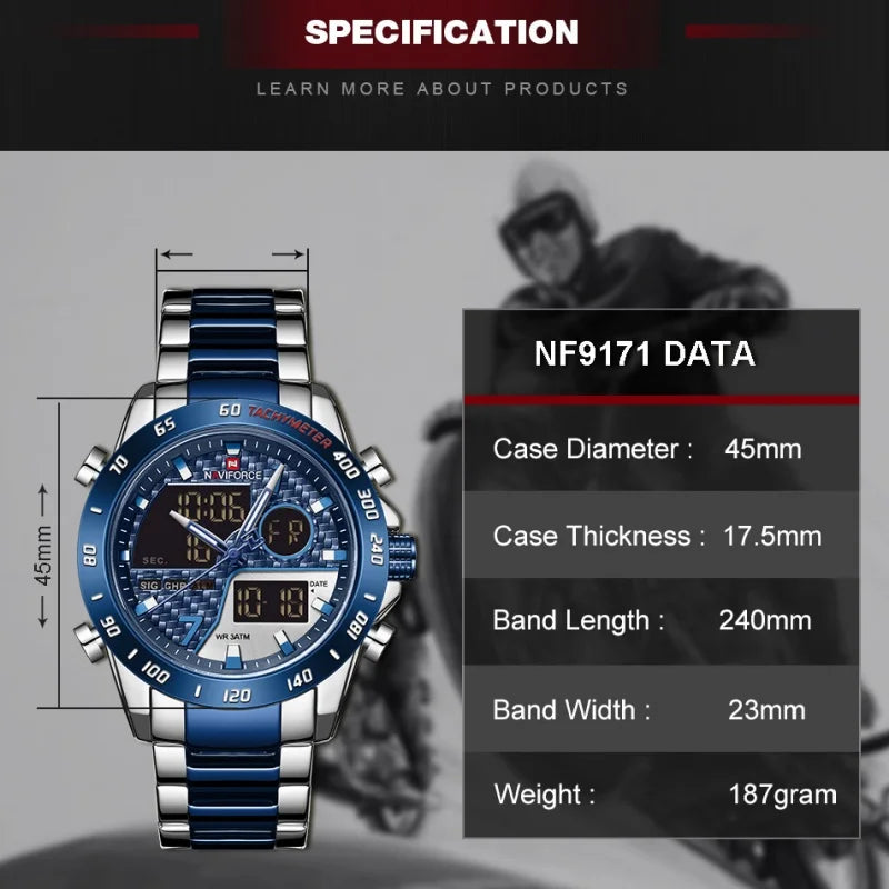 NAVIFORCE Male Quartz Dual Display Clocks Waterproof Luminous Stainless Steel Strap Watches Men Mature Style Wristwatch Gift Box