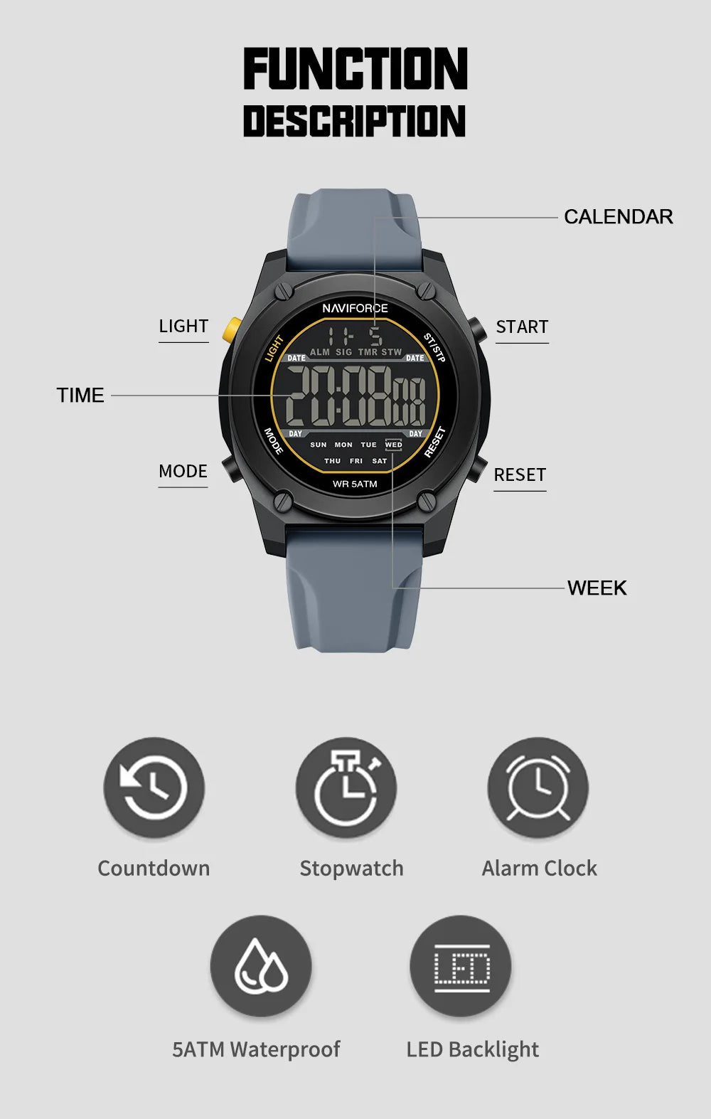 NAVIFORCE Men Digital Watch Sports Fashion Watches Waterproof 50M Man HD Electronic Screen Student Cool Alarm Display Wristwatch