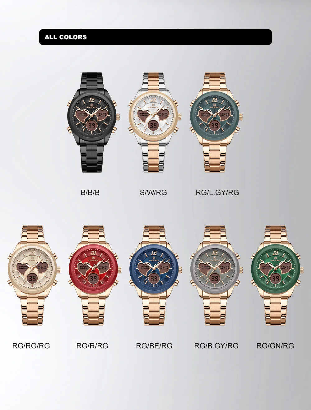 NAVIFORCE Women Watch Unique Design of Heart-Shaped Dial Quartz Analog LCD Digital Watches Fashion Casual Girlfriend Gifts Clock