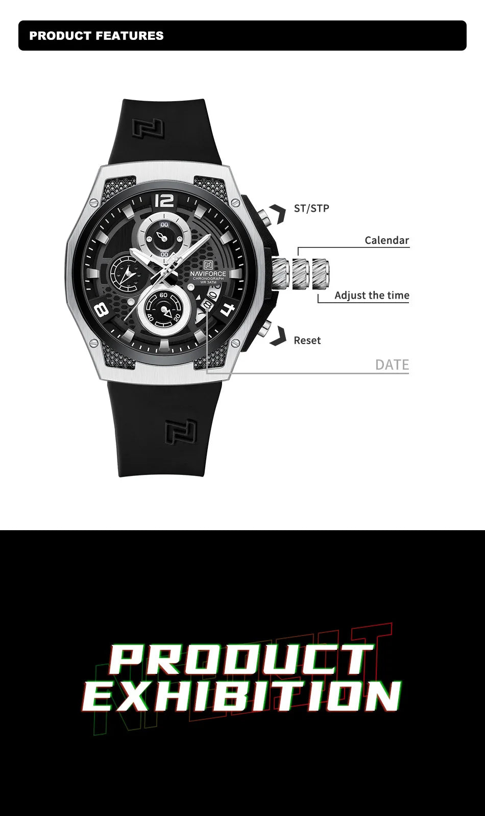 NAVIFORCE Fashion Men's Wristwatch Silicone Strap Casual Sports 3ATM Water Resistant Male Quartz Watch In Luxury Package Gifts