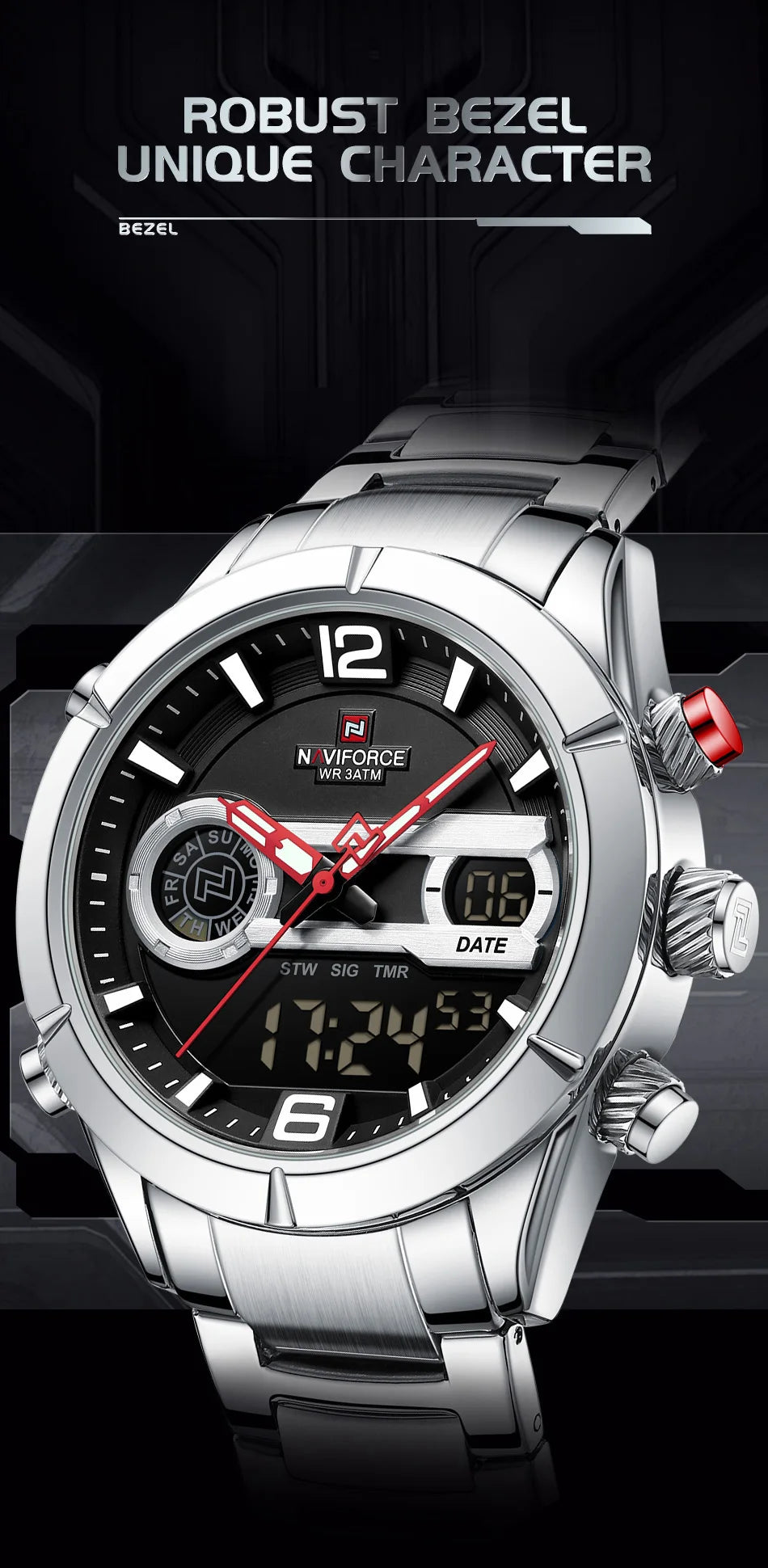 NAVIFORCE Brand Luxury Watch For Men Waterproof Digital Sport Quartz Wristwatches Military Luminous Stainless Steel Strap Clock