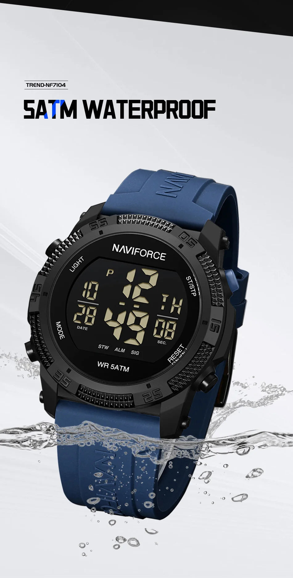 NAVIFORCE Men's Electronic Watch Fashion 5ATM Waterproof Silicone Strap Calendar Male LCD Digital Wristwatch Relogio Masculino