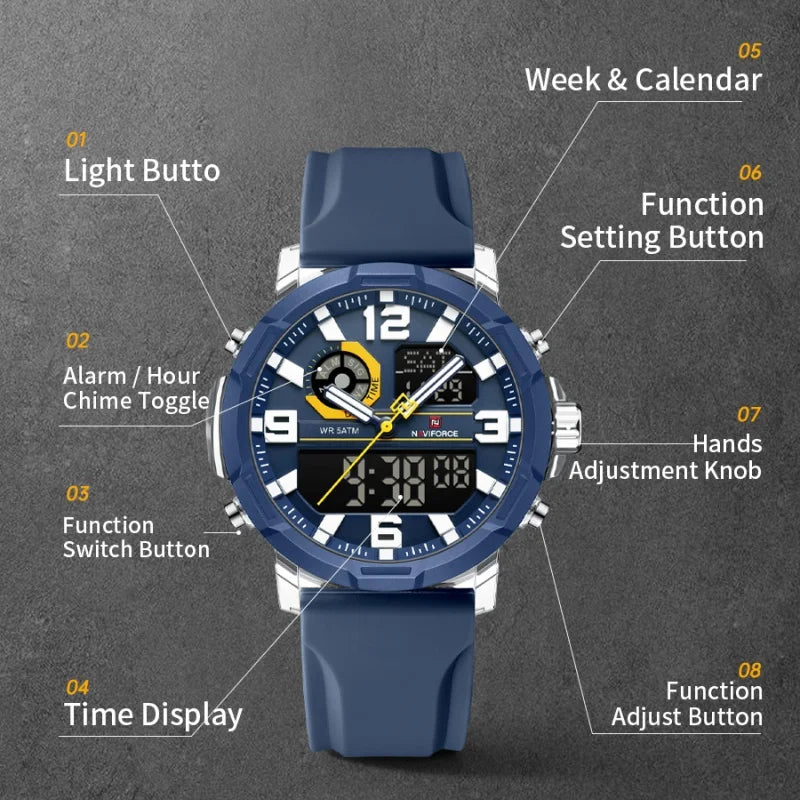 NAVIFORCE Quartz Dual Display Wristwatch for Men 50M Waterproof Silicone Band Multifuntion Clock Male Fashion Daily Sports Watch