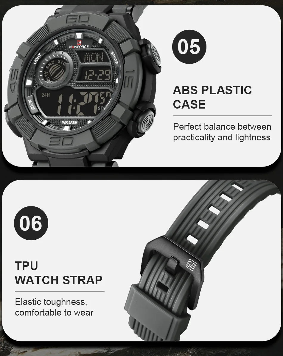 NAVIFORCE Men's Watch LCD Digital 50M Waterproof Multifunction Soft TPU Strap Military Style Teenager Sports Outdoor Wristwatch