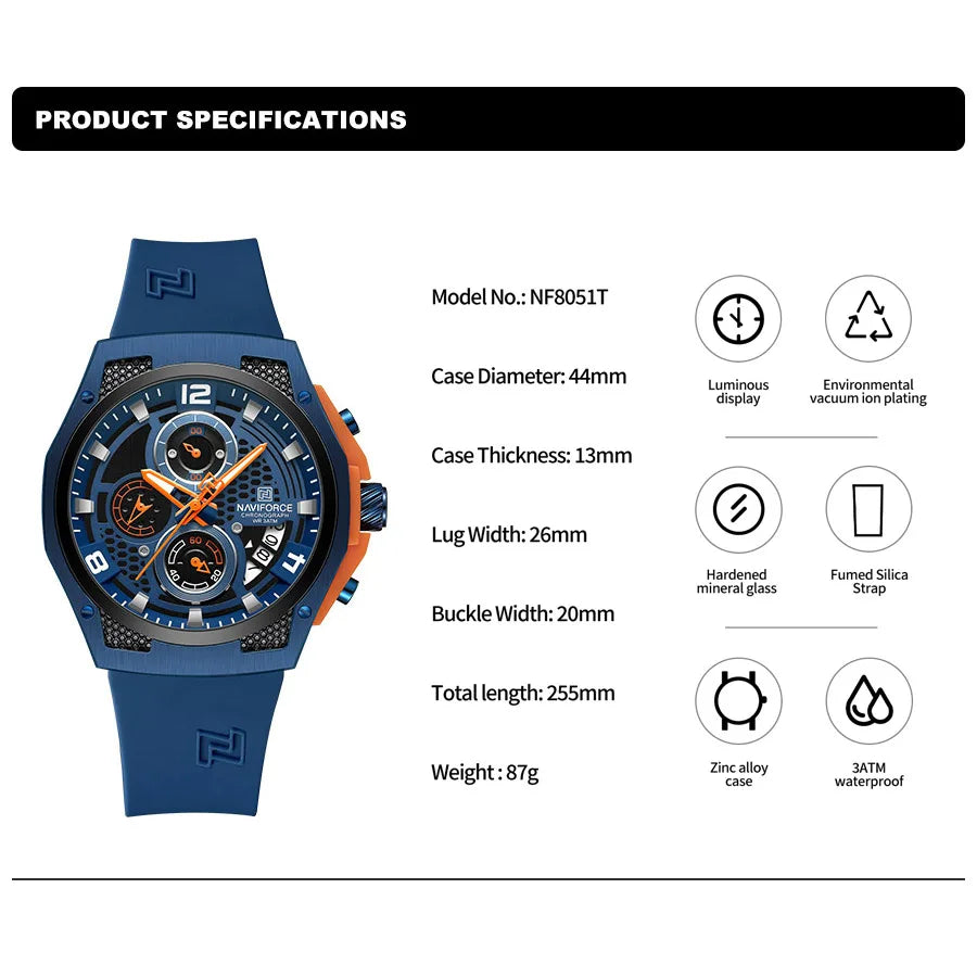 NAVIFORCE Original Watches for Man Silicone Strap Waterproof Men Quartz Wrist Watch Casual Sport Date Display Clock Reloj Hombre