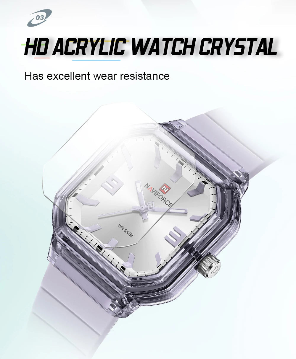 NAVIFORCE Women Polygon Watch Display Silicone Strap 50M Waterproof Luminous Fashionable Elegant Ladis Girls Wristwatch Gift Box