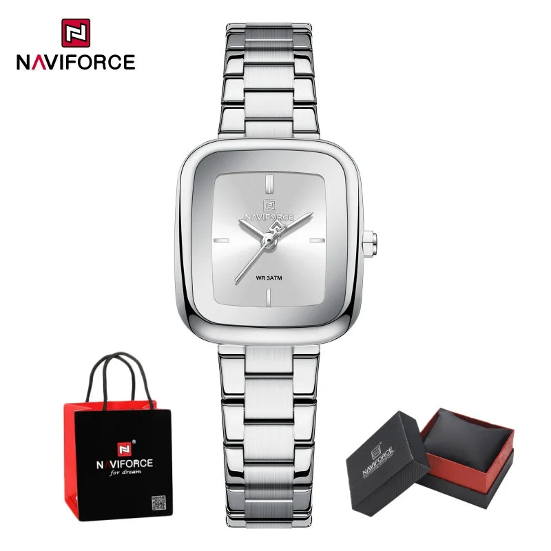 NAVIFORCE Square Watches for Women 3ATM Waterproof Stainless Steel Fashion Ultra Light Girls' Watch Wristwatch Gift Box for Lady