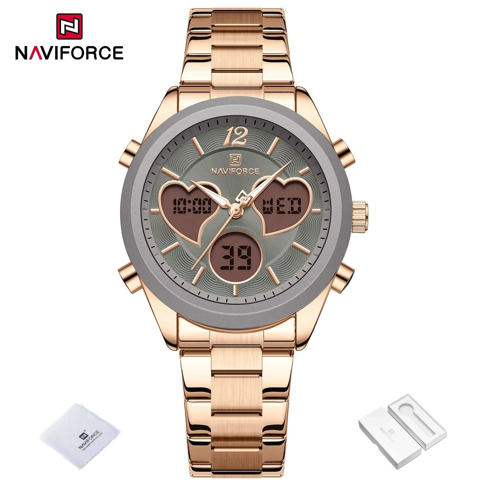 NAVIFORCE Women Watch Unique Design of Heart-Shaped Dial Quartz Analog LCD Digital Watches Fashion Casual Girlfriend Gifts Clock