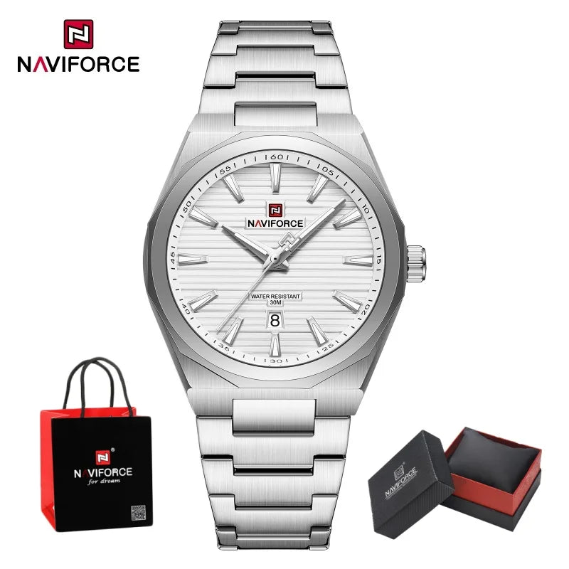 NAVIFORCE Luxury Man's Watch Quartz Date Display Clock Steel Band Fashionable Casual Military Style Wristwatch Gift Box for Male