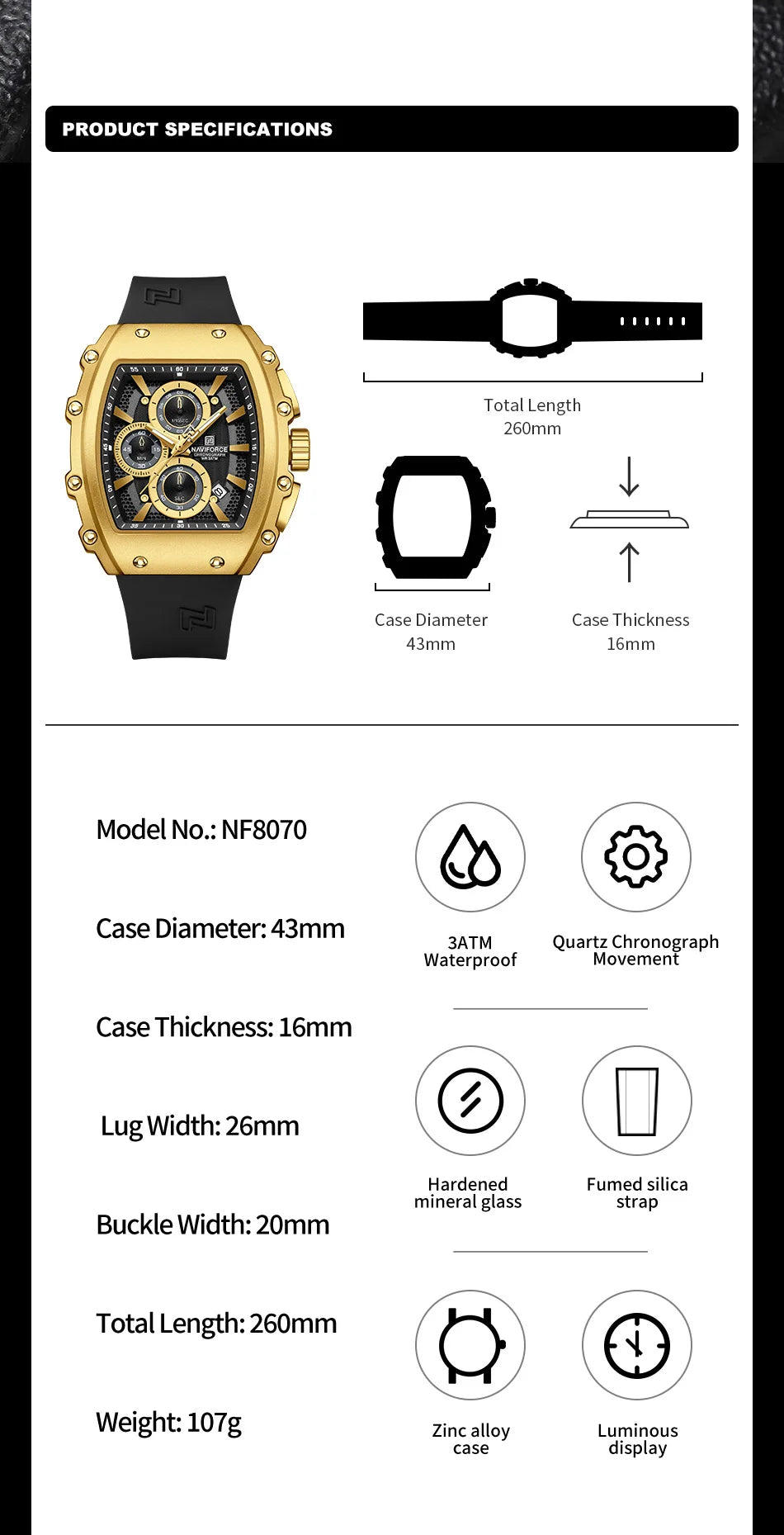NAVIFORCE Leisure Male Clock Chronograph Watches for Man Quartz 30M Waterproof Luminous Hands Silicone Strap Wristwatch Gift Box