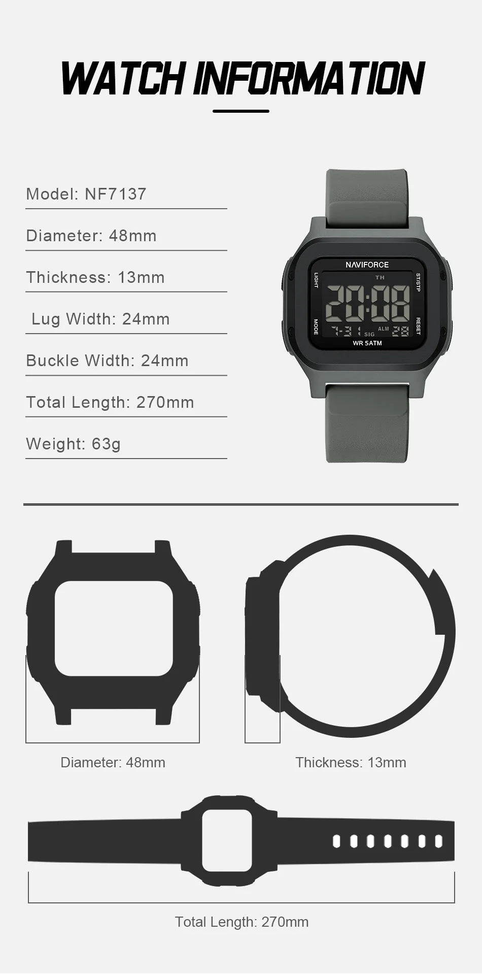 High Quality NAVIFORCE Men's Sport Wristwatch LCD Display 50m Waterproof Alarm Stopwatch BackLight Unique Square Case Gift Clock
