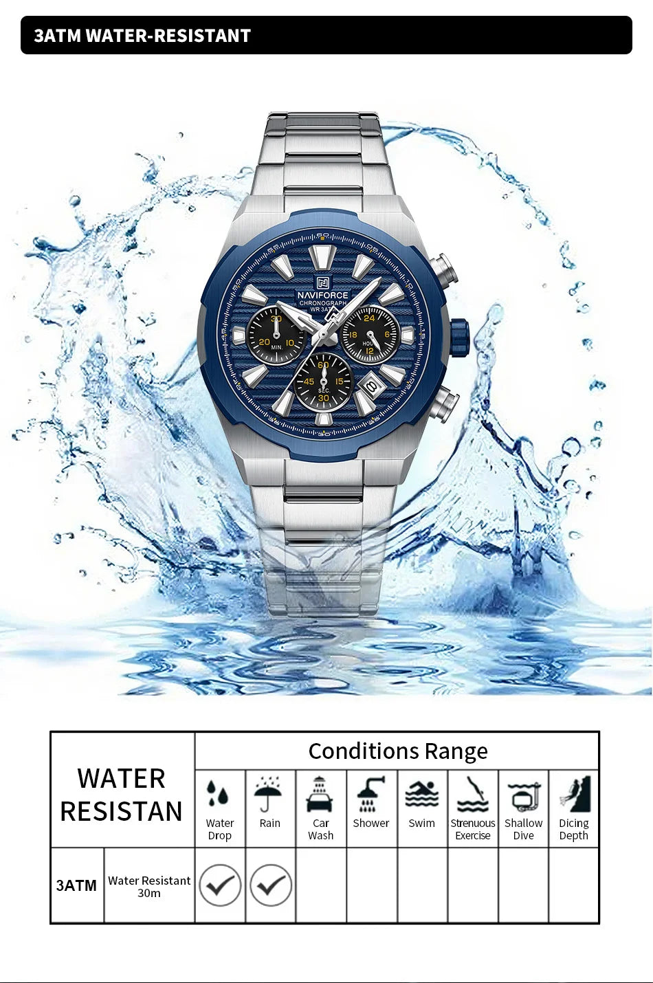 NAVIFORCE Watch For Men Mutifunction Chronograph Quartz Wristwatches Calendar display Military 24 Hours Luminous New Men Clock