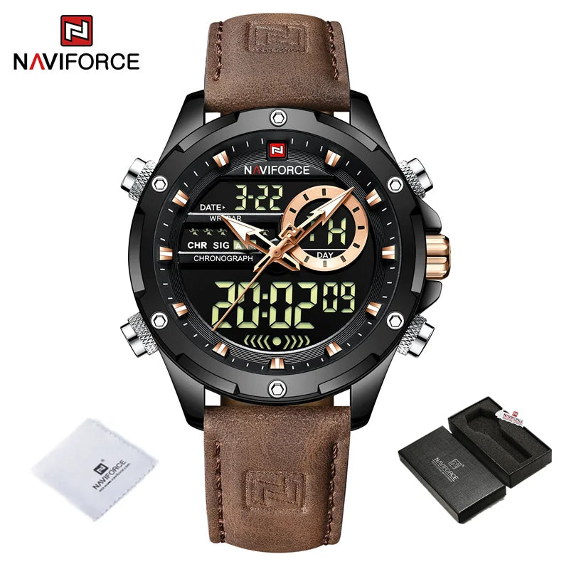 NAVIFORC Casual Sport Chronograph Men's Watch Genuine Leather Band Wristwatch Quartz Clock Luminous Display Relogio Masculino