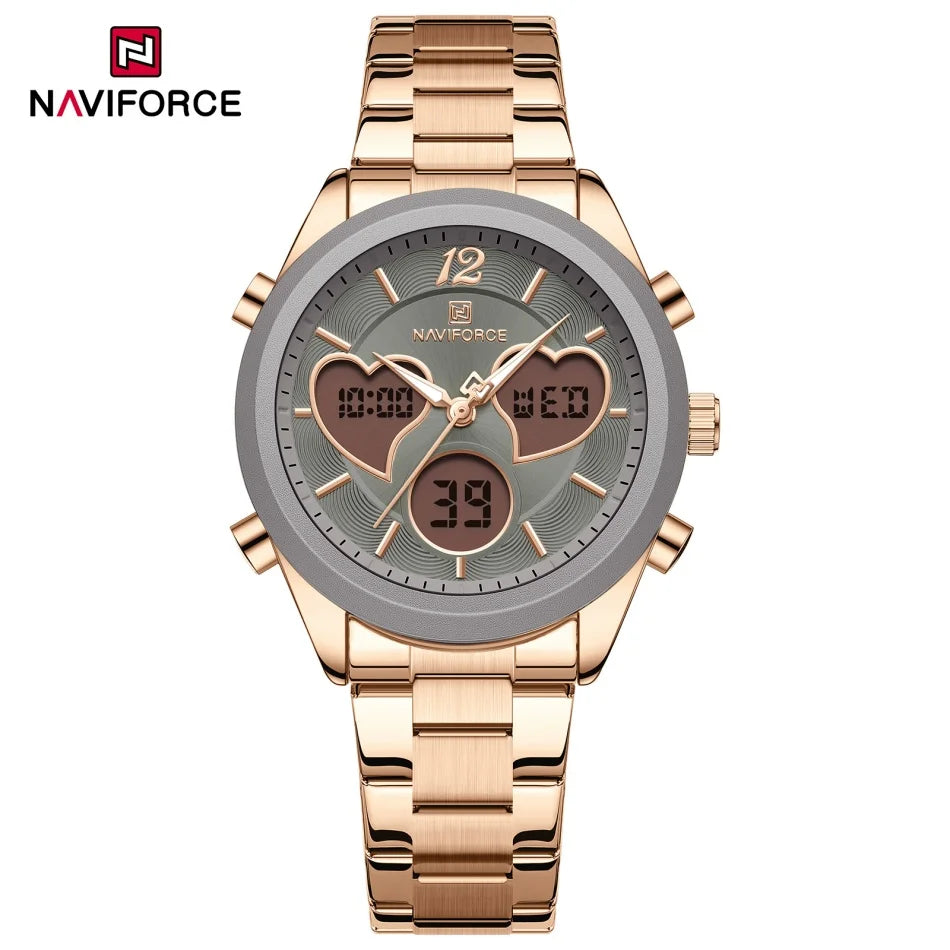 NAVIFORCE Women Watch Unique Design of Heart-Shaped Dial Quartz Analog LCD Digital Watches Fashion Casual Girlfriend Gifts Clock