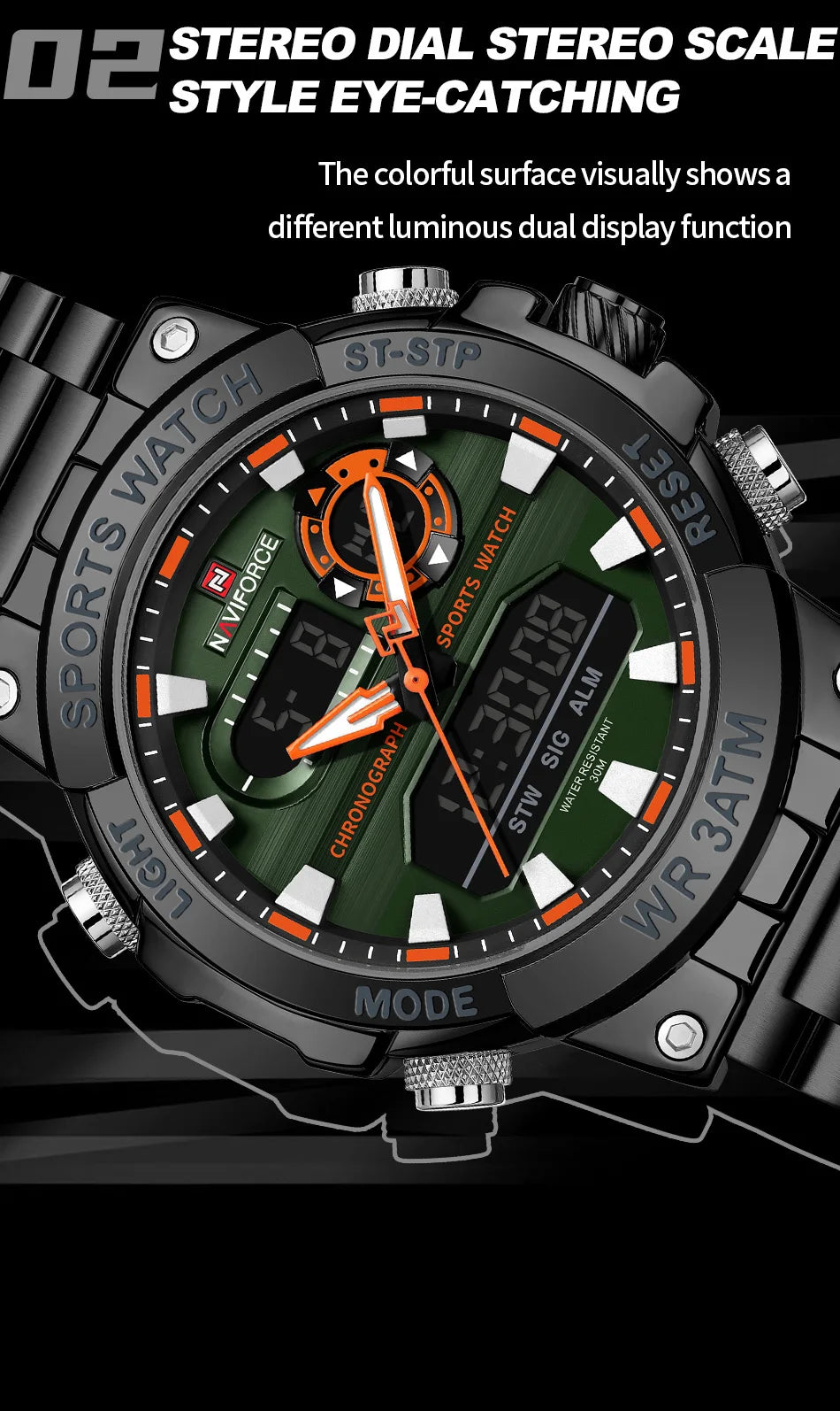 NAVIFORCE New Military Sports Mens Watches Top Brand Luxury Dual Display Waterproof LED Digital Watch for Men Quartz Wristwatch