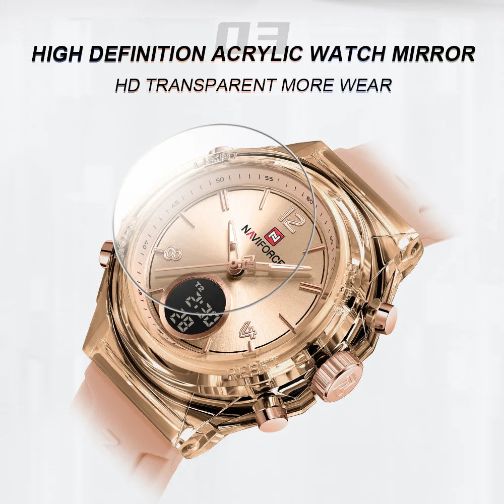 NAVIFORCE Sport Watches Women 50M Waterproof Lady Watch Lover Gifts Dual Time Display Wristwatch Digital LED Back Light Clock