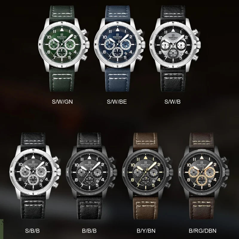 NAVIFORCE Classic Men Quartz Chronograph Watch 3ATM Waterproof Date Display Leather Strap Business Wristwatch Gift Box for Male