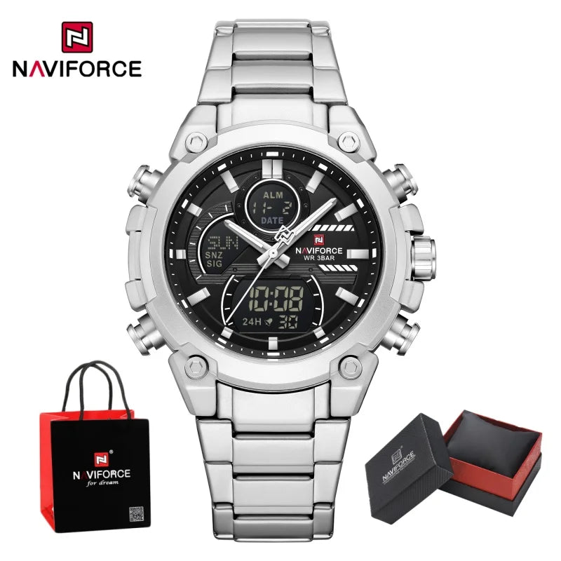 NAVIFORCE Men's Watch Luxury Quartz LCD Digital Sports Military Style Dual Display Chronograph Alarm Clock Wristwatch Gifts Box