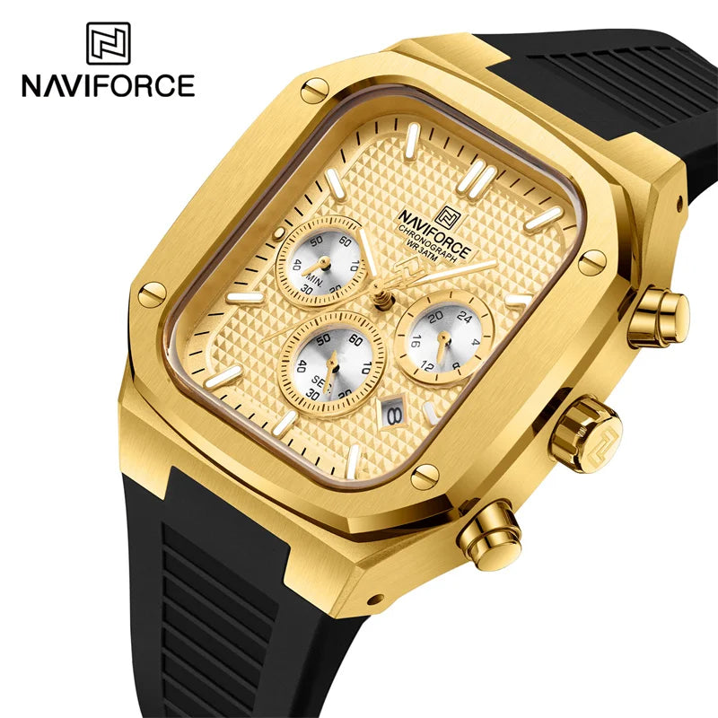 NAVIFORCE Men's Luxury Gold Watch Fashion Silicone Strap Quartz Movement Waterproof Square Wristwatch with Luminous Hands And Da