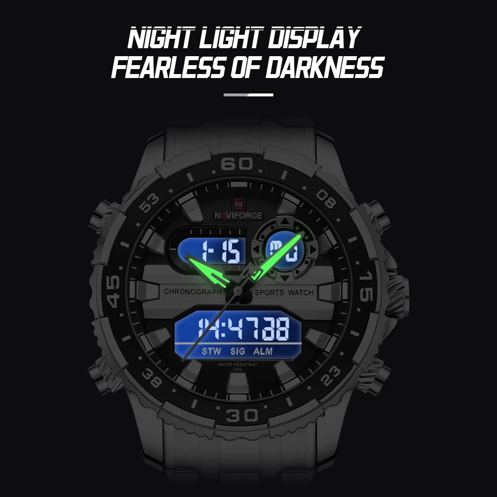 Gifts for Boyfriends NAVIFORCE Men's Silver Black Quartz Watch LCD Digital Waterproof  Wristwatch Male Luminous Hands Date Clock