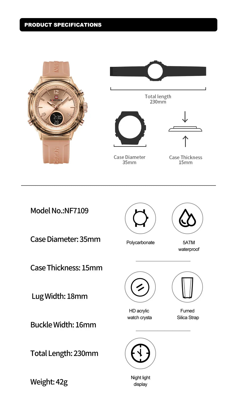 NAVIFORCE Quartz Wristwatches Dual Time Display Top Brand Women's Watch Outdoor Sports Waterproof Watches Rubber Package Gifts
