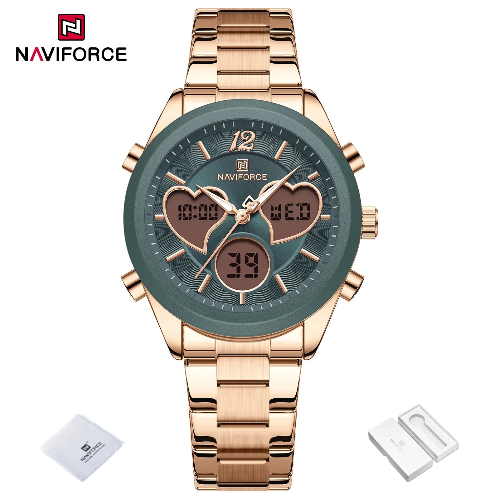 NAVIFORCE Women Watch Unique Design of Heart-Shaped Dial Quartz Analog LCD Digital Watches Fashion Casual Girlfriend Gifts Clock