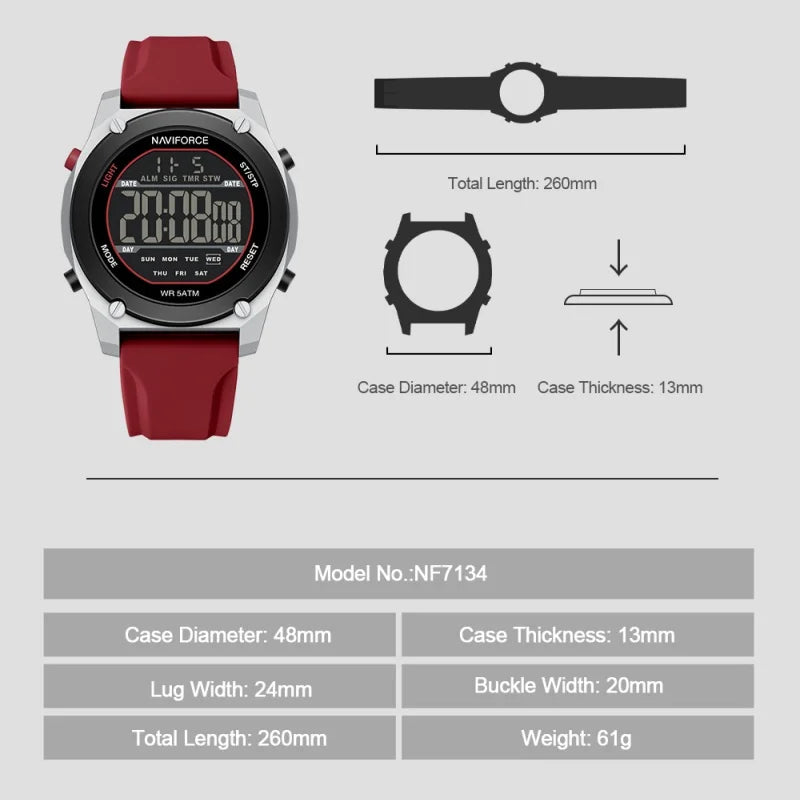 NAVIFORCE Men's LCD Digital Watch 50M Water Resistant Electronic Calendar Fashion Silicone Band Alarm Clock Wristwatch Gifts Box