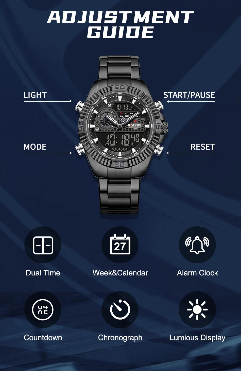 NAVIFORCE Men Watches Quartz Dual Display Waterproof Stainless Steel Male Luxury Fashion Business Outdoor Wristwatch Gifts Box