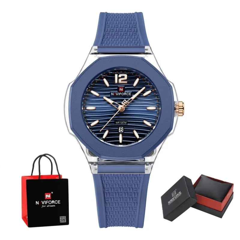 NAVIFORCE Woman's Watch Quartz Waterproof Silicone Band Date Display Wristwatch Luxury Trendy Ladies Dress Wristwatch Gifts Box